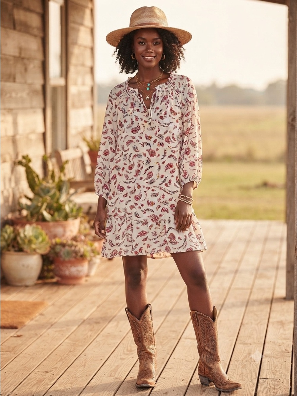 Old Navy Cream Floral Paisley Peasant Mini Dress with Pink and Red Accents